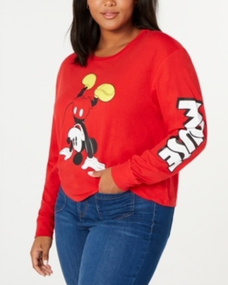 Front of a model wearing a size 1X Love Tribe Women's Trendy Plus Mickey T-Shirt Red Size 1X in Red by Love Tribe. | dia_product_style_image_id:313835